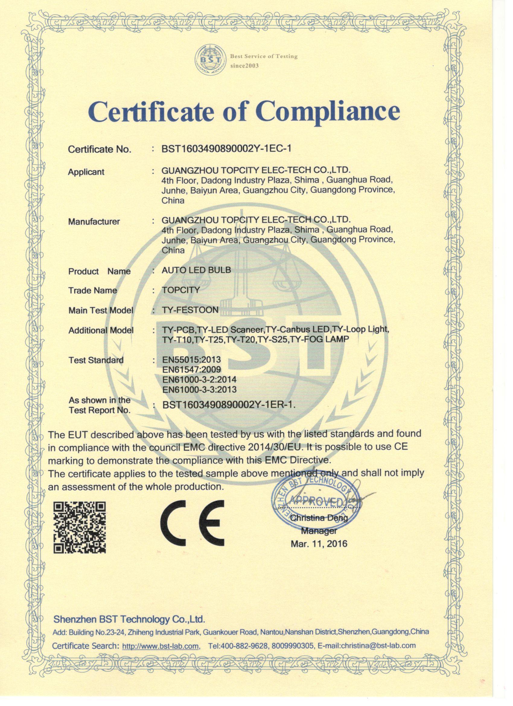 TOPCITY automotive led bulb ce certifications